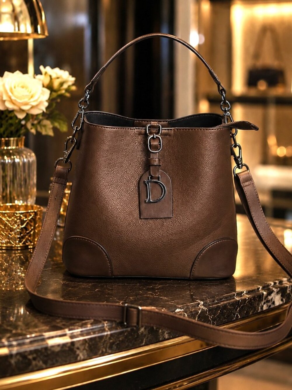Brown Crossbody Bag Adjustable Detachable Strap Zipper Closure Everyday Purse
